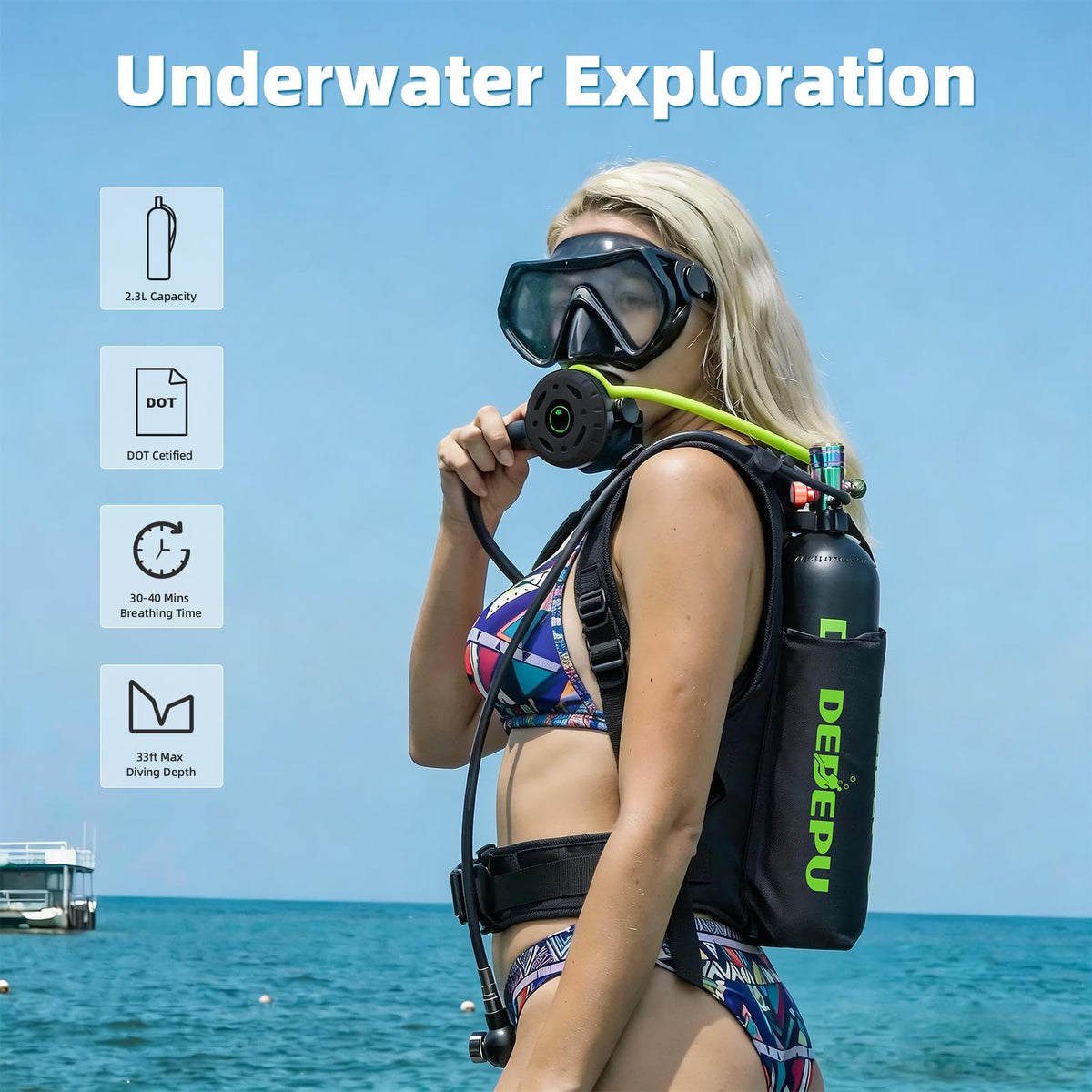 DEDEPU 2.3L Scuba Tank, Mini Diving Tank Small Lung Tank with Adapter, Up to 40 Mins Underwater Breathing Time, Portable Backup Air Cylinder, Emergency Resuce Pony Bottle