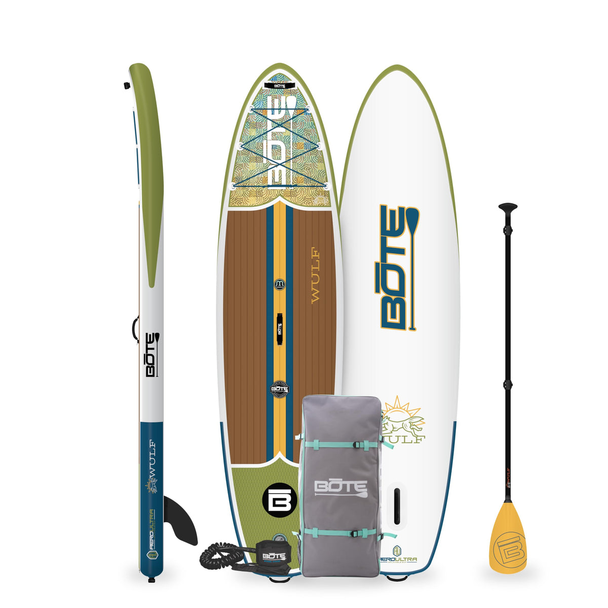 BOTE Wulf Aero Inflatable Stand Up Paddle Board Kit Includes Accessories Adjustable Paddle iSUP Travel Bag Blow Up Pump Safety SUP Coiled Leash Multiple Sizes