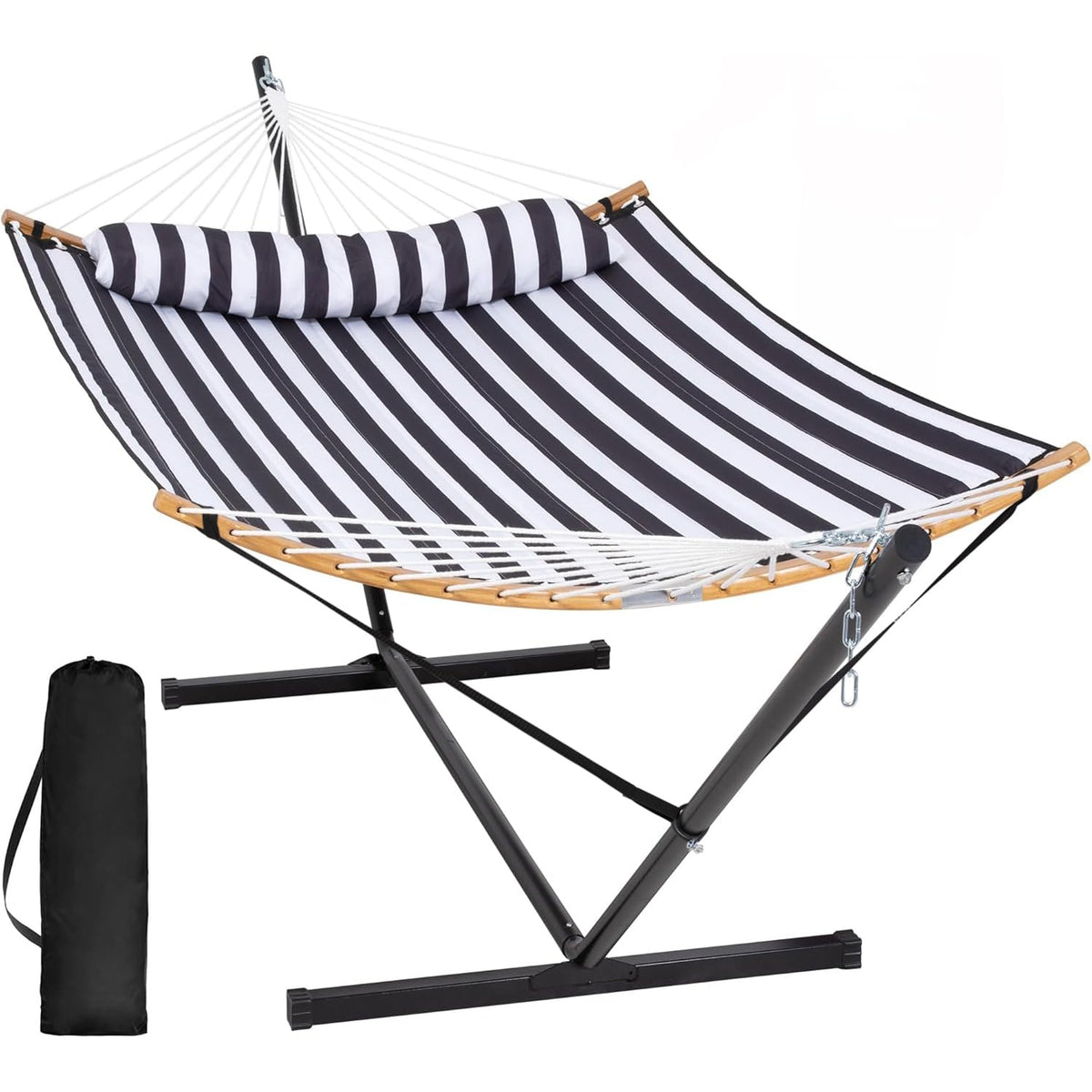 SUNCREAT Double Quilted Hammock with Stand, Outdoor Hammock with Curved-Bar, Soft Pillow