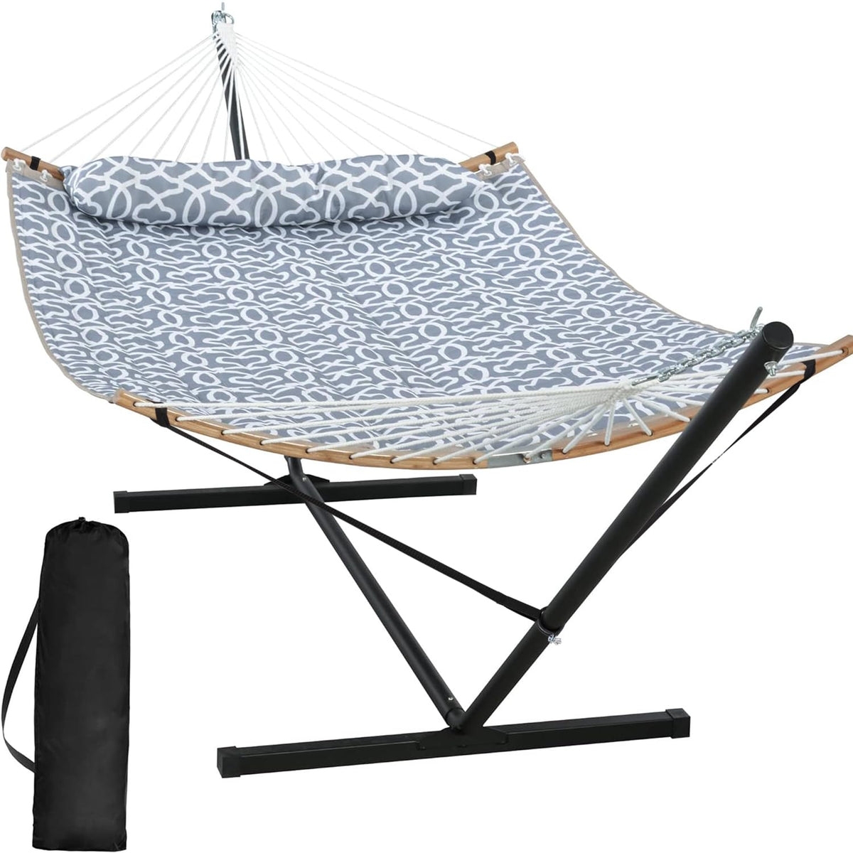 SUNCREAT Double Quilted Hammock with Stand, Outdoor Hammock with Curved-Bar, Soft Pillow