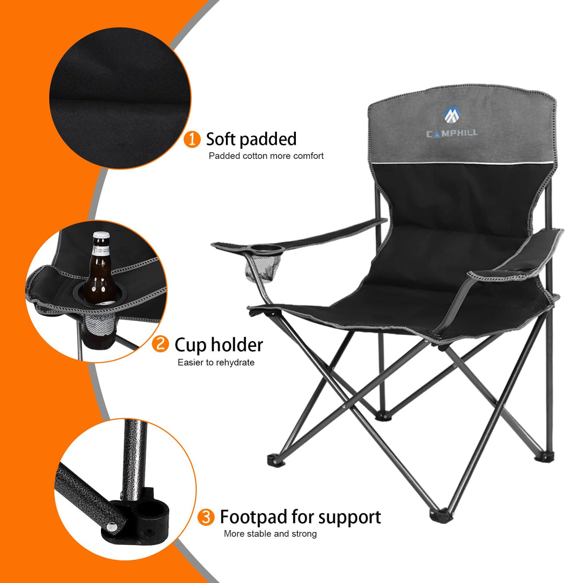 CAMPHILL Camping Chair Set of 3, Outdoor Folding Camping Chairs for Heavy People with Cup Holder & Carry Bag,Collapsible Chair Include One Sofa Chair and Two Single Chair,Support up to 500lbs