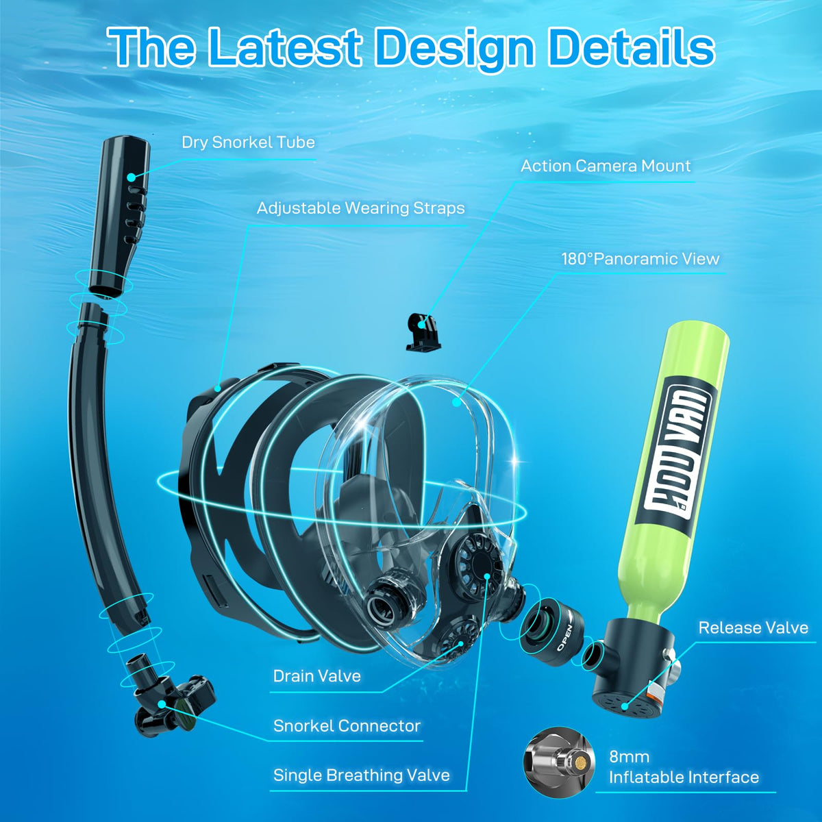 HOUVAN Mini Scuba Tank with Snorkel Mask 0.5L Inflatable Diving Tank with Full Face Diving Mask Pony Bottle Backup Diving Air Tank Suits for Recreational Snorkeling Shallow Diving