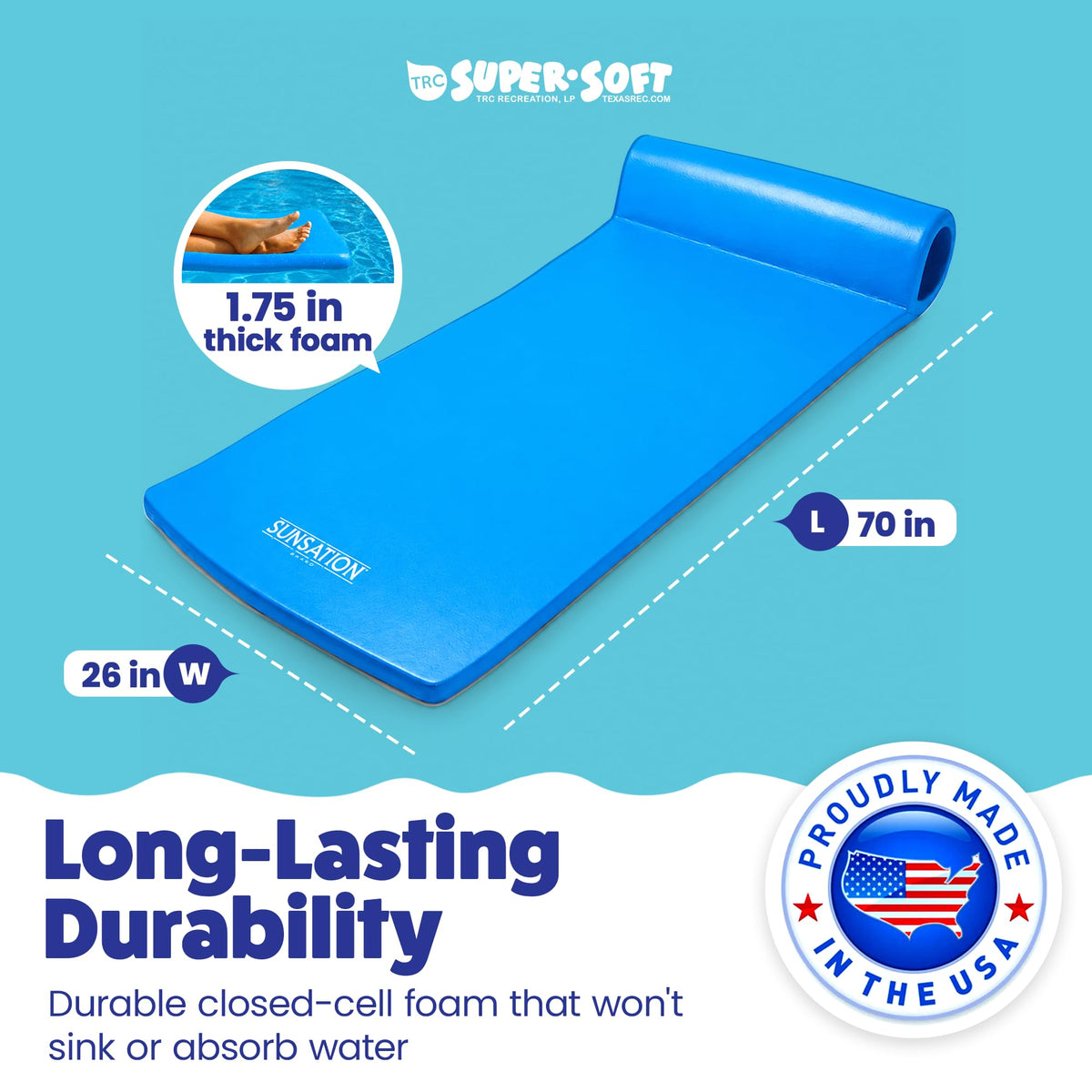 TRC Recreation Sunsation 1.75" Thick Foam Pool Float Lounger w/ Headrest for Lounging & Sunbathing in Swimming Pools, Beaches & Lakes, 70" x 26