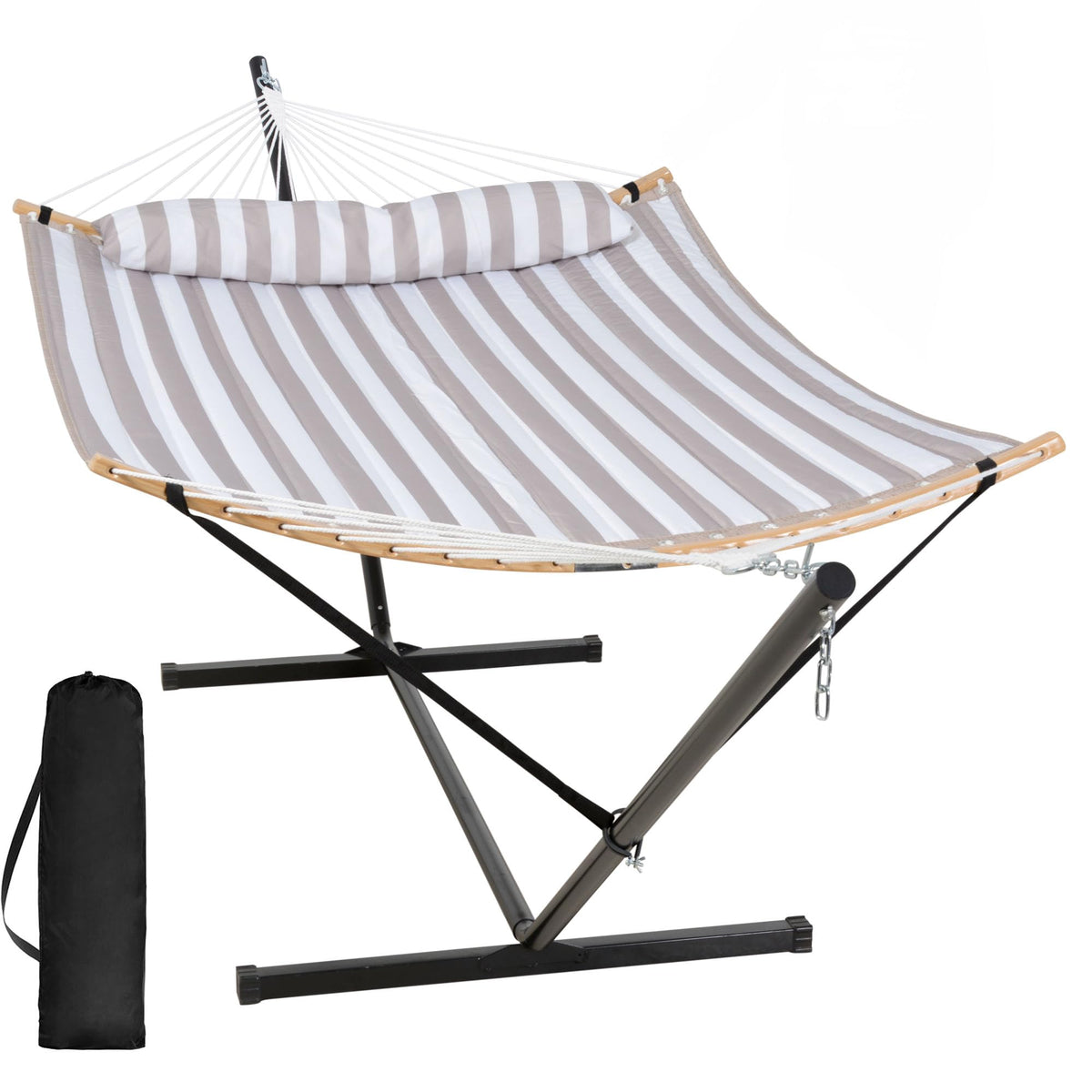 SUNCREAT Double Quilted Hammock with Stand, Outdoor Hammock with Curved-Bar, Soft Pillow