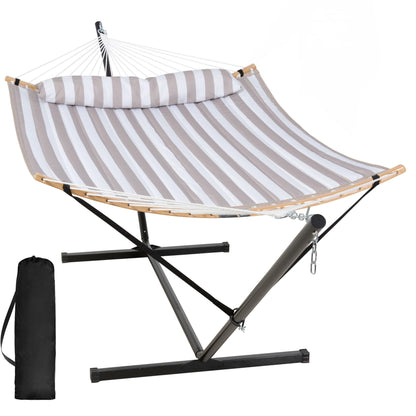SUNCREAT Double Quilted Hammock with Stand, Outdoor Hammock with Curved-Bar, Soft Pillow