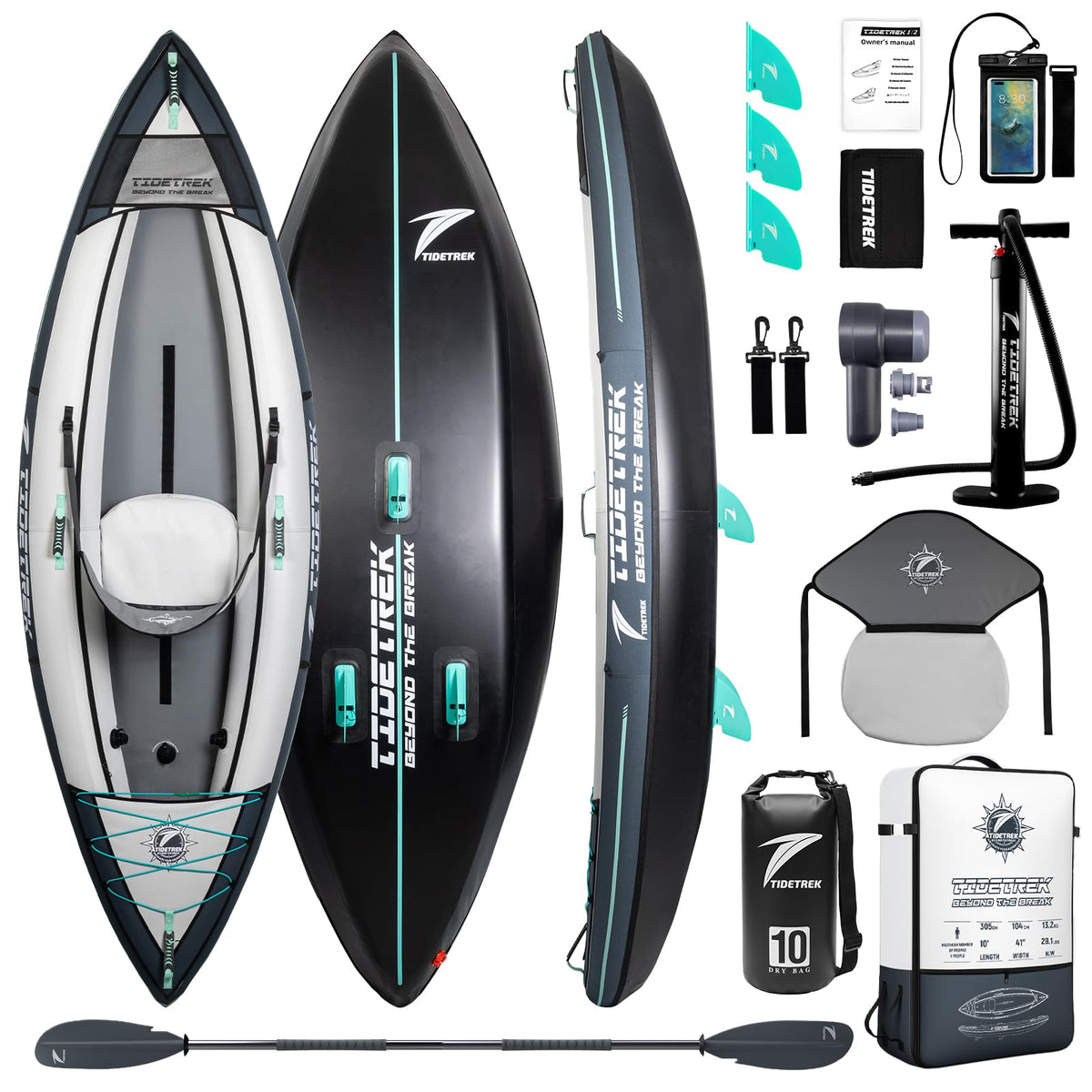 TIDETREK Inflatable Touring Kayak 1-Person & 2-Person with Waterproof Seat & Full Accessory Kit, Lightweight Recreational Kayak for Lake, River & Fishing