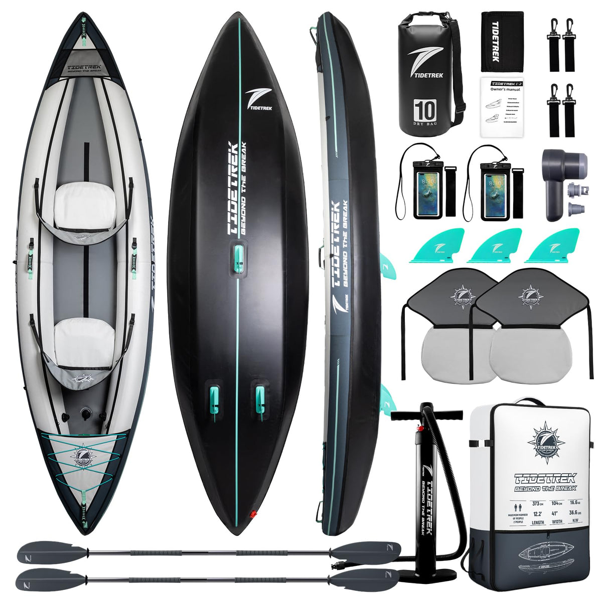 TIDETREK Inflatable Touring Kayak 1-Person & 2-Person with Waterproof Seat & Full Accessory Kit, Lightweight Recreational Kayak for Lake, River & Fishing