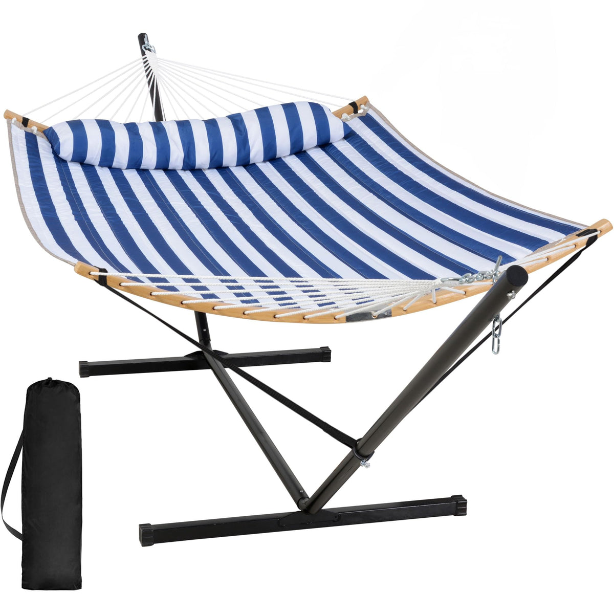 SUNCREAT Double Quilted Hammock with Stand, Outdoor Hammock with Curved-Bar, Soft Pillow