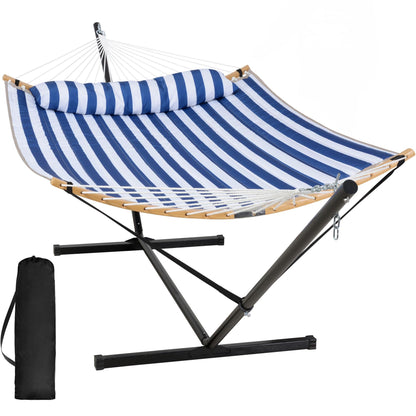 SUNCREAT Double Quilted Hammock with Stand, Outdoor Hammock with Curved-Bar, Soft Pillow