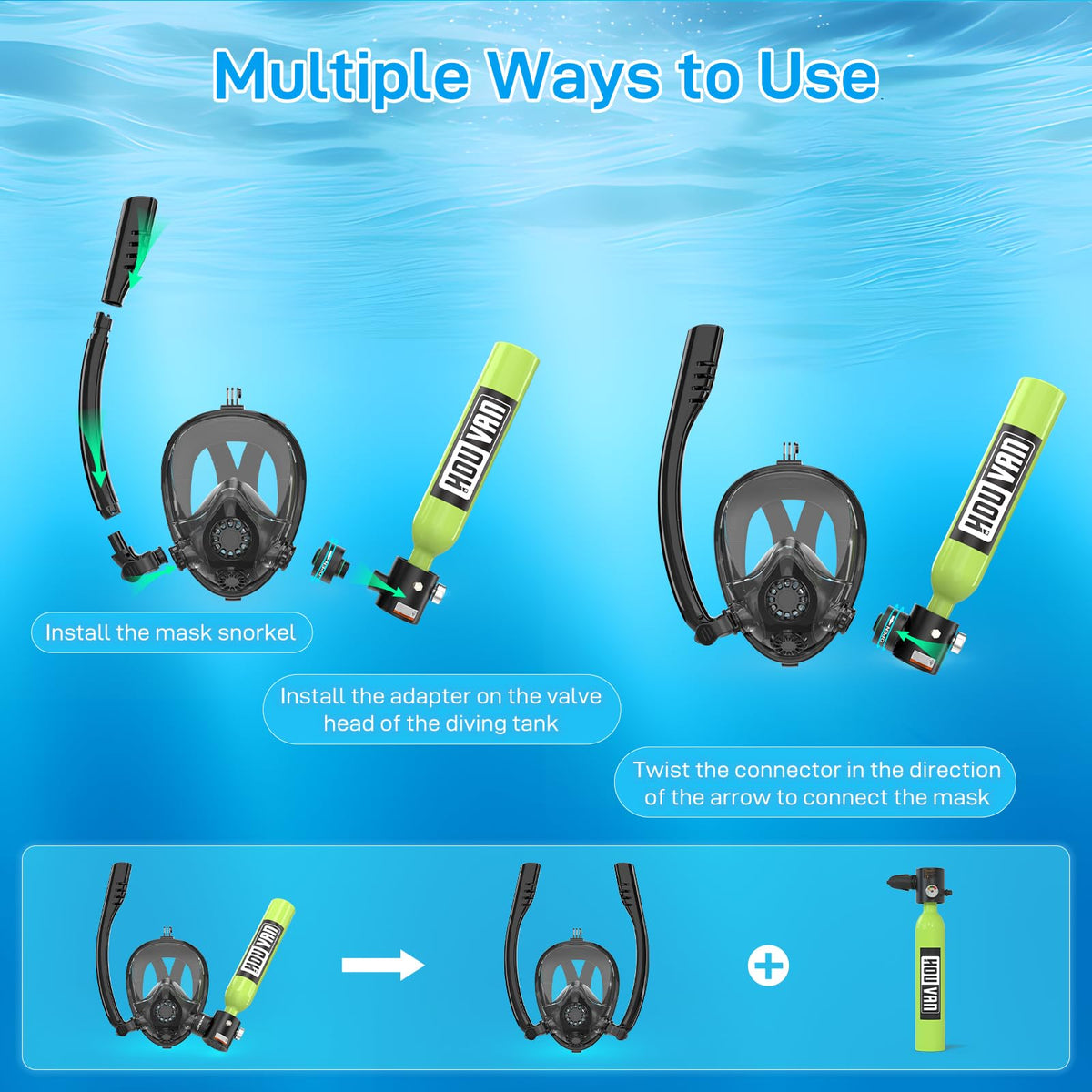 HOUVAN Mini Scuba Tank with Snorkel Mask 0.5L Inflatable Diving Tank with Full Face Diving Mask Pony Bottle Backup Diving Air Tank Suits for Recreational Snorkeling Shallow Diving