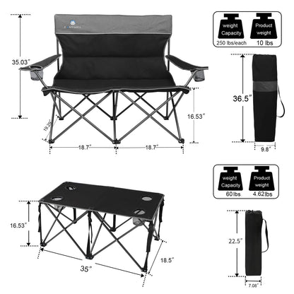 CAMPHILL Camping Chair Set of 3, Outdoor Folding Camping Chairs for Heavy People with Cup Holder & Carry Bag,Collapsible Chair Include One Sofa Chair and Two Single Chair,Support up to 500lbs
