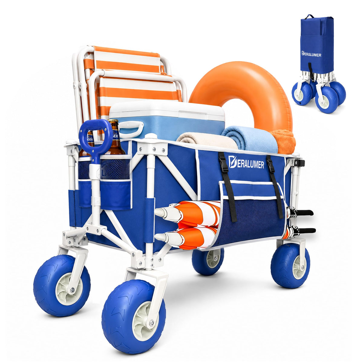 X800 Collapsible Beach Wagon, 41" Heavy Duty Folding Wagon Cart with 9" Big Balloon Wheels, 200L Oversized Utility Wagon with Side Bag for Camping, Sports