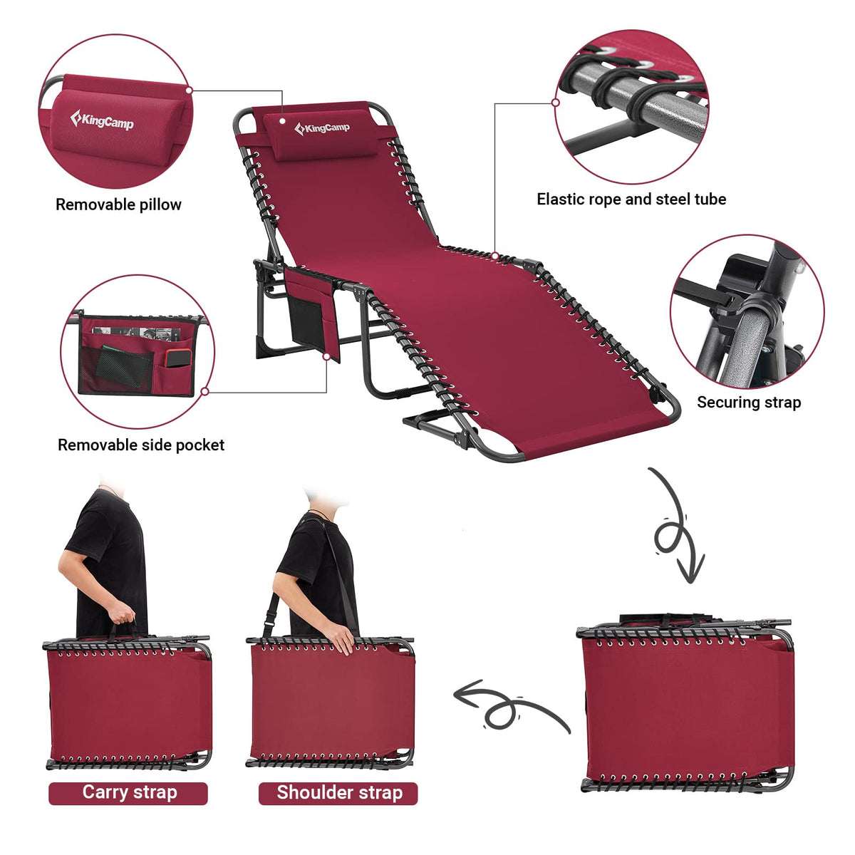 KingCamp Lounge Chair Outdoor, Folding Portable Tanning Chairs Comfy Adjustable 5-Position Lay Flat Foldable Chaise Lounger with Pillow for Outside Beach Patio Sun Bathing Pool