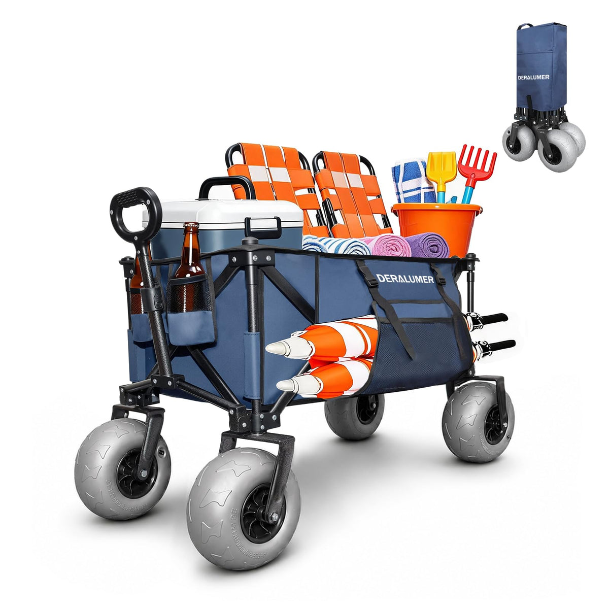 X800 Collapsible Beach Wagon, 41" Heavy Duty Folding Wagon Cart with 9" Big Balloon Wheels, 200L Oversized Utility Wagon with Side Bag for Camping, Sports
