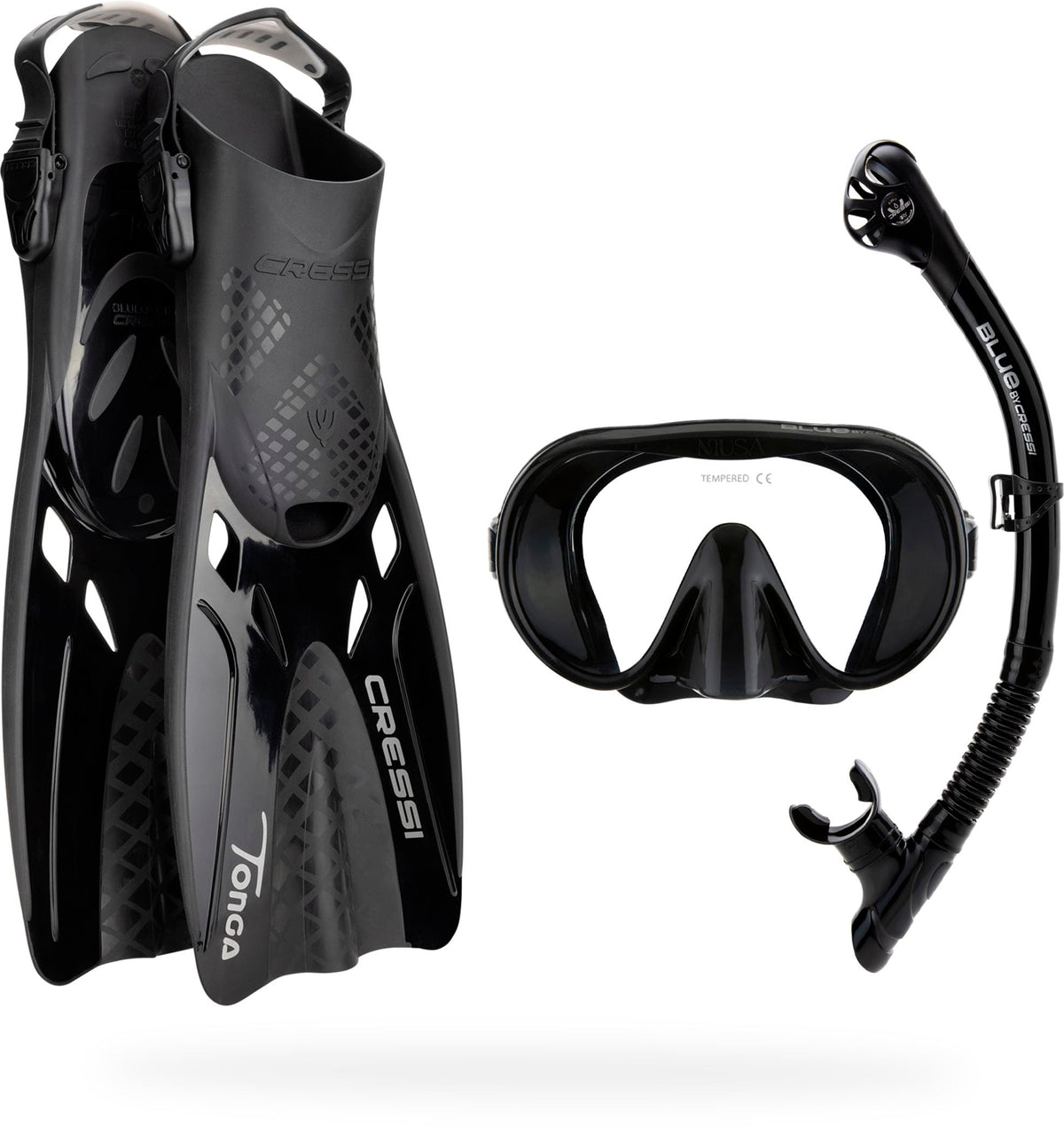 Cressi 3 Pc Travel Snorkel Set, Explorer Set, Mask & Tonga Fins, Dry Valve