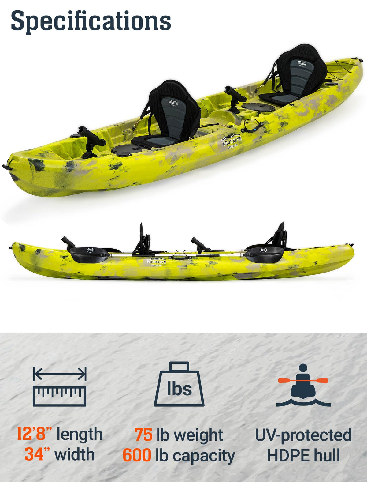 BKC Brooklyn 12.5 Tandem Fishing Kayak, 2 to 3 Person Sit-on-Top