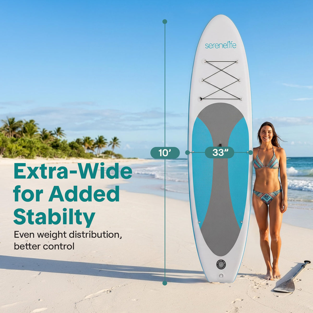 SereneLife 10’ Inflatable Stand Up Paddle Board with Premium SUP Accessories - Wide Stable Design with Non-Slip EVA Deck Pad, for Youth and Adults, 350 lbs. Capacity