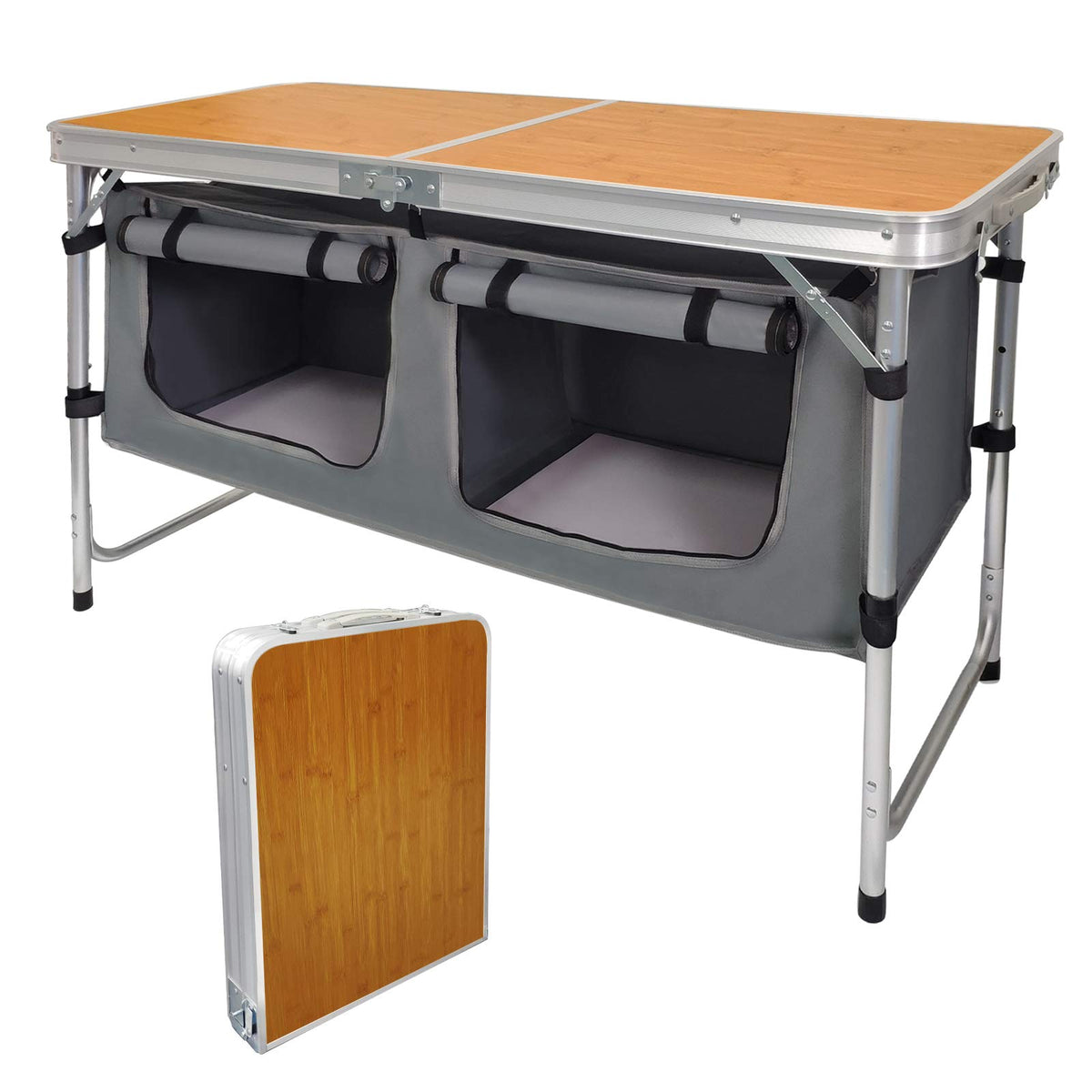 CampLand Outdoor Folding Table Aluminum Lightweight Height Adjustable with Storage Organizer for BBQ, Party, Camping