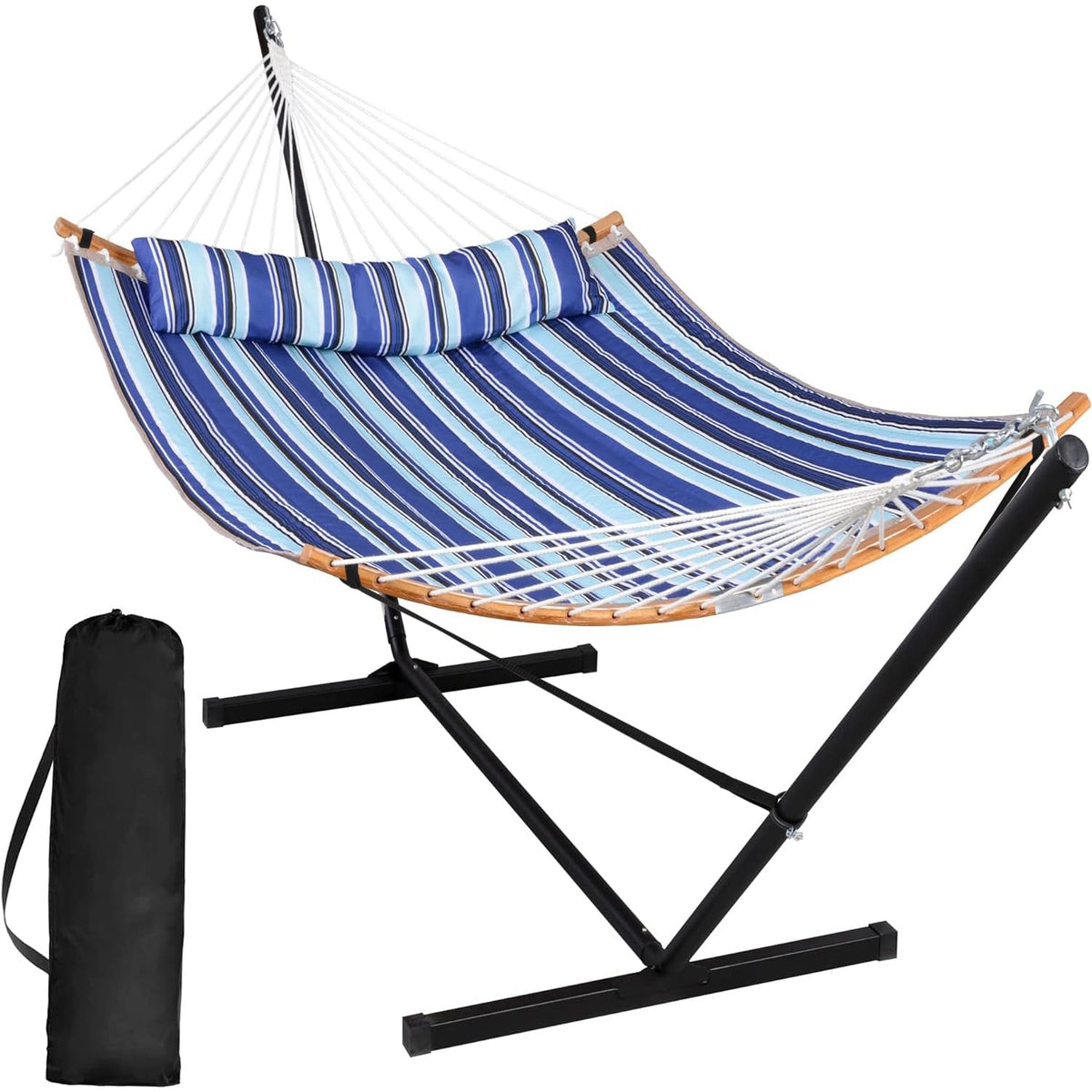 SUNCREAT Double Quilted Hammock with Stand, Outdoor Hammock with Curved-Bar, Soft Pillow