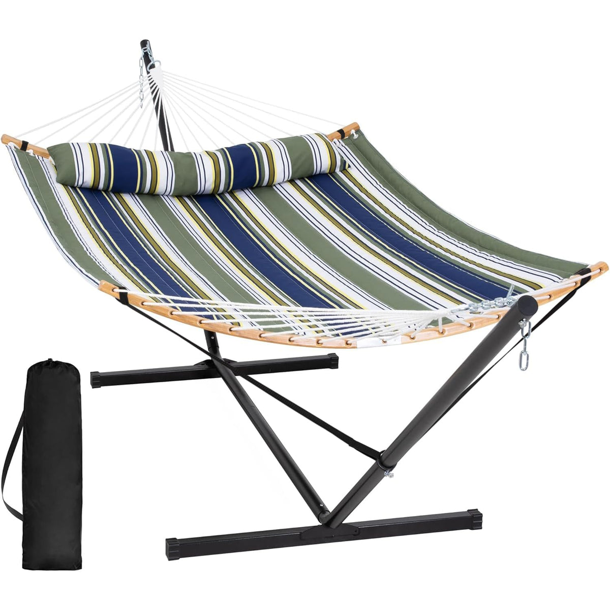 SUNCREAT Double Quilted Hammock with Stand, Outdoor Hammock with Curved-Bar, Soft Pillow