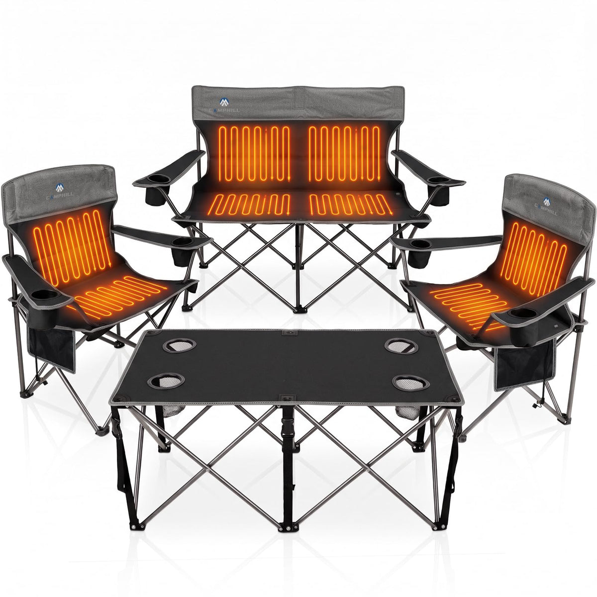 CAMPHILL Camping Chair Set of 3, Outdoor Folding Camping Chairs for Heavy People with Cup Holder & Carry Bag,Collapsible Chair Include One Sofa Chair and Two Single Chair,Support up to 500lbs
