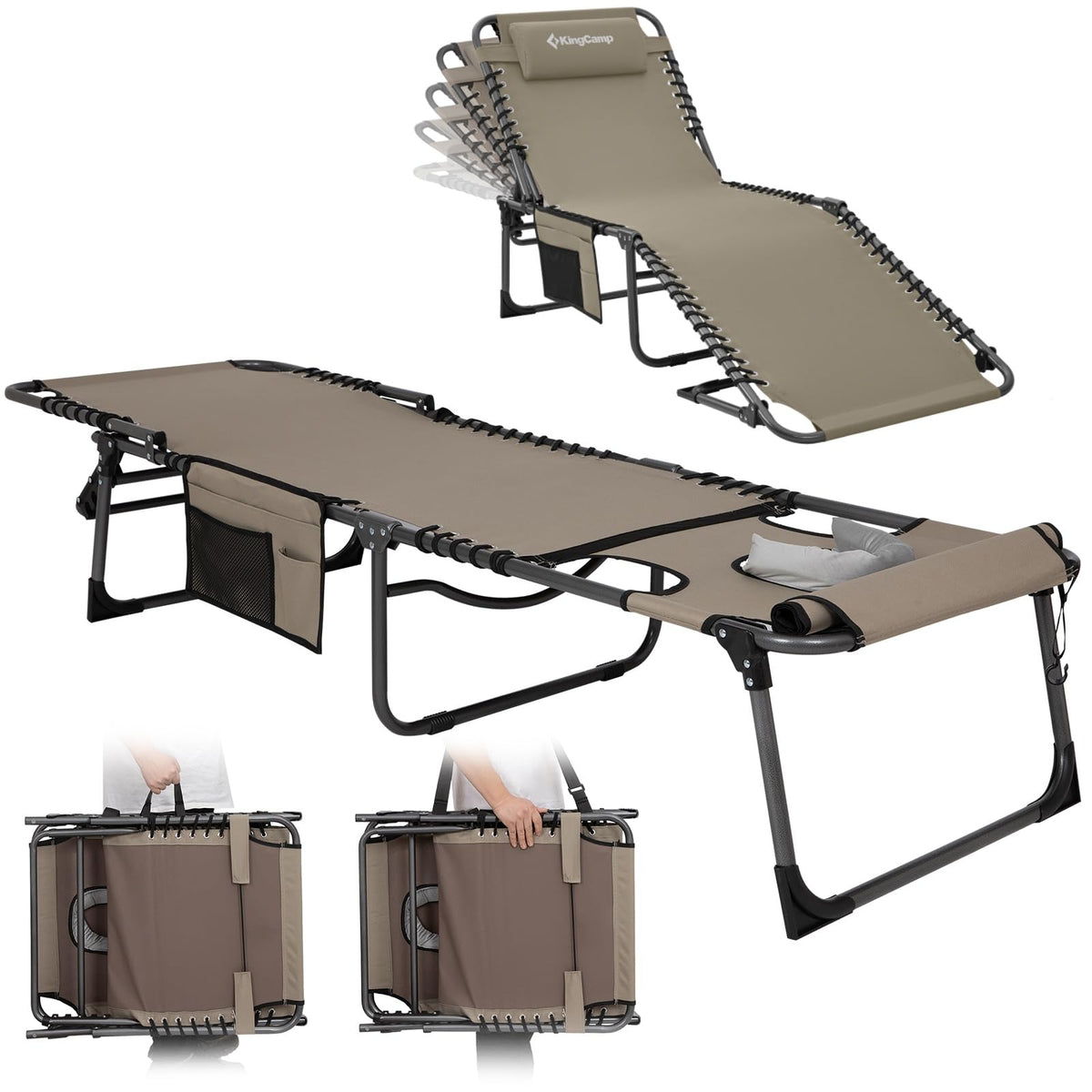KingCamp Lounge Chair Outdoor, Folding Portable Tanning Chairs Comfy Adjustable 5-Position Lay Flat Foldable Chaise Lounger with Pillow for Outside Beach Patio Sun Bathing Pool