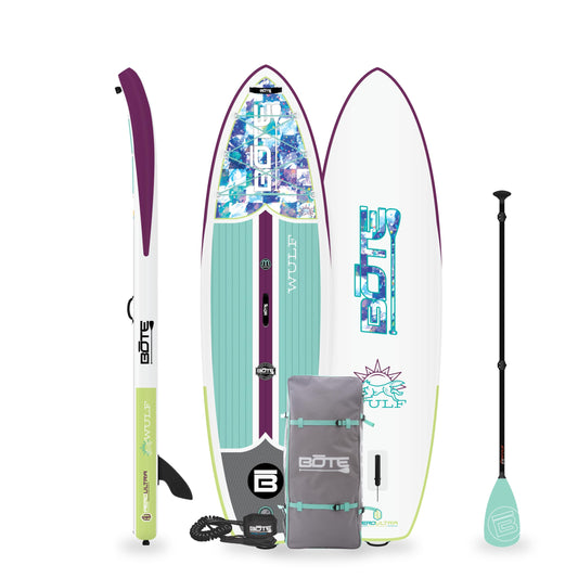 BOTE Wulf Aero Inflatable Stand Up Paddle Board Kit Includes Accessories Adjustable Paddle iSUP Travel Bag Blow Up Pump Safety SUP Coiled Leash Multiple Sizes