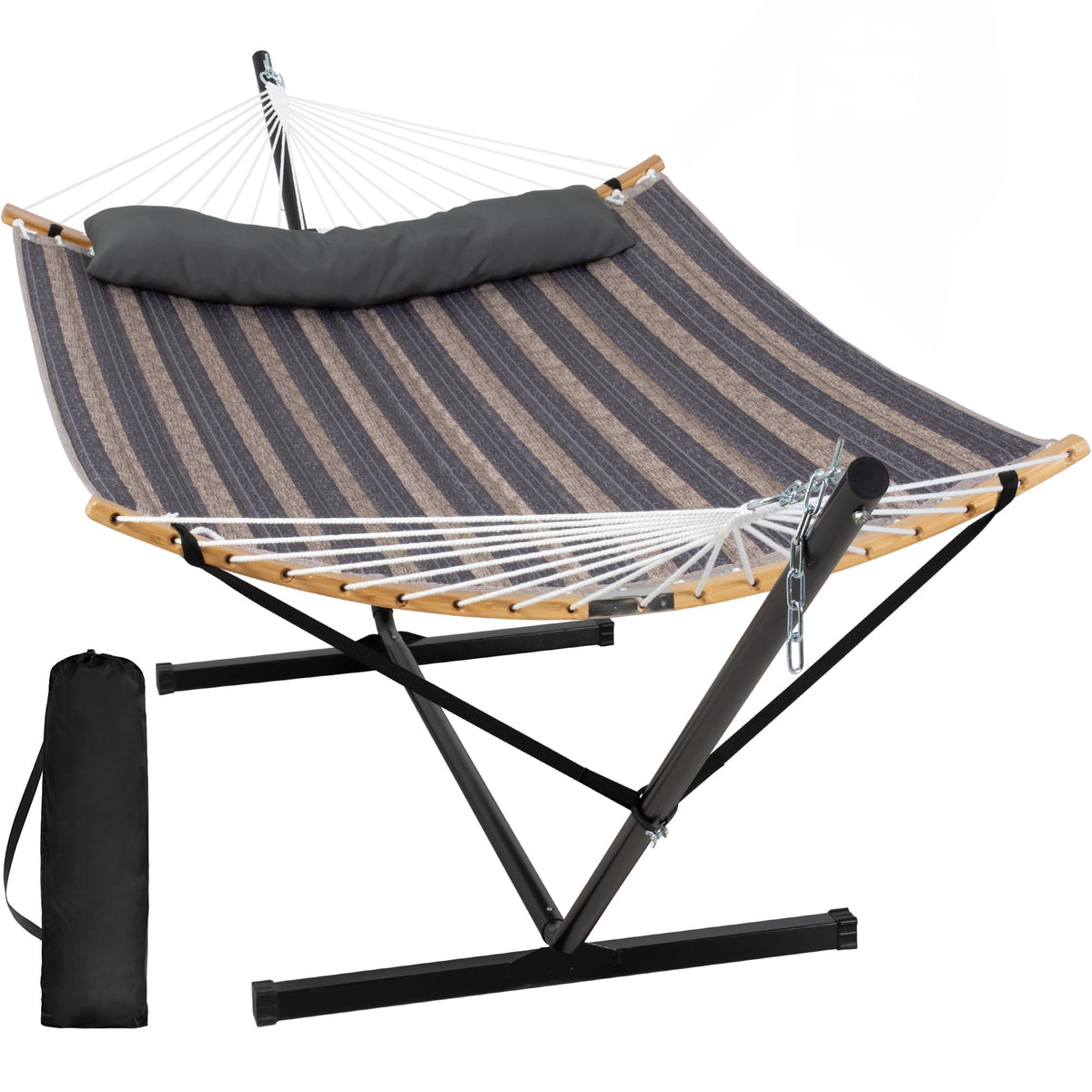 SUNCREAT Double Quilted Hammock with Stand, Outdoor Hammock with Curved-Bar, Soft Pillow