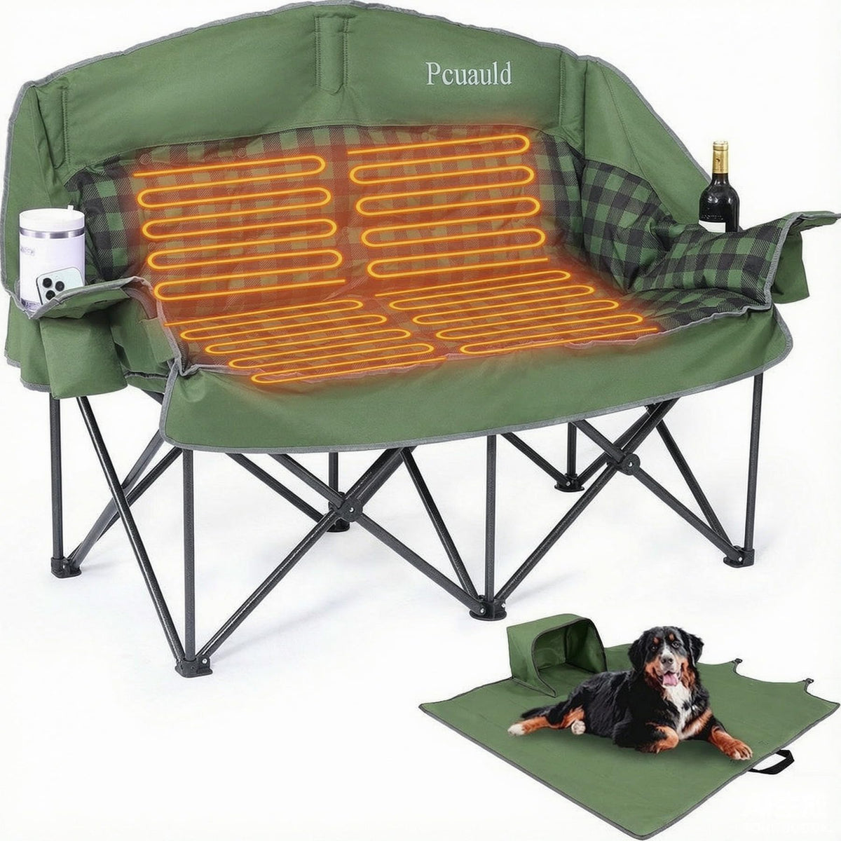 Pcuauld Double Camping Chair, Padded Loveseat Camp Couch for Adults, Oversized 2 Person Love Seat with 2 in 1 Carry Bag, Heavy Duty Folding Outdoor Sofa with Cup Holders for Lawn Beach Tailgating