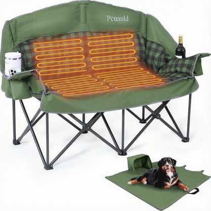 Pcuauld Double Camping Chair, Padded Loveseat Camp Couch for Adults, Oversized 2 Person Love Seat with 2 in 1 Carry Bag, Heavy Duty Folding Outdoor Sofa with Cup Holders for Lawn Beach Tailgating
