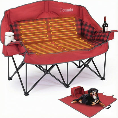 Pcuauld Double Camping Chair, Padded Loveseat Camp Couch for Adults, Oversized 2 Person Love Seat with 2 in 1 Carry Bag, Heavy Duty Folding Outdoor Sofa with Cup Holders for Lawn Beach Tailgating