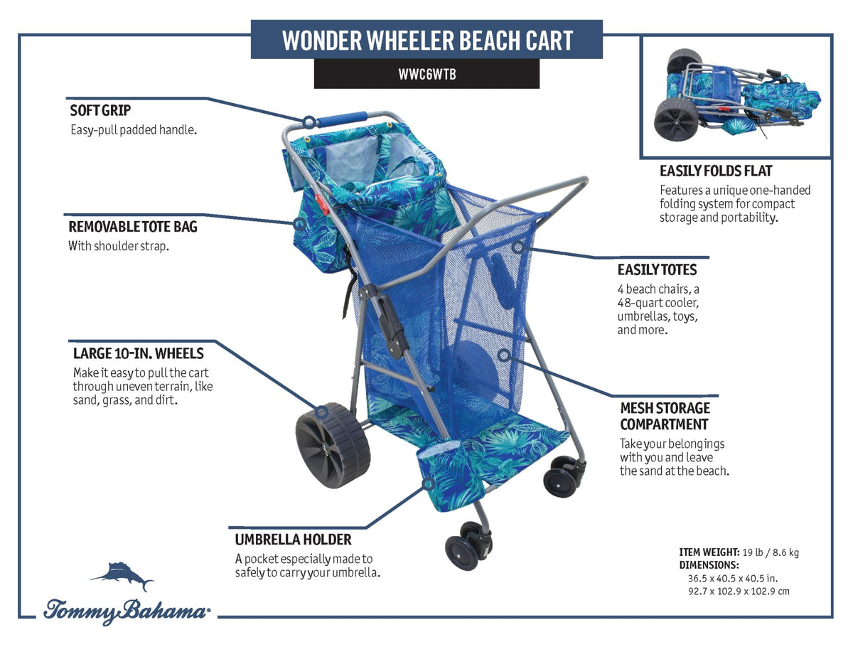 Tommy Bahama Wonder Wheeler Deluxe Folding Beach Cart, Blue