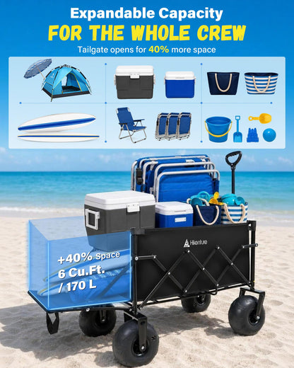 Hikenture Beach Wagon with Balloon Wheels, Collapsible Beach Cart 380 lbs