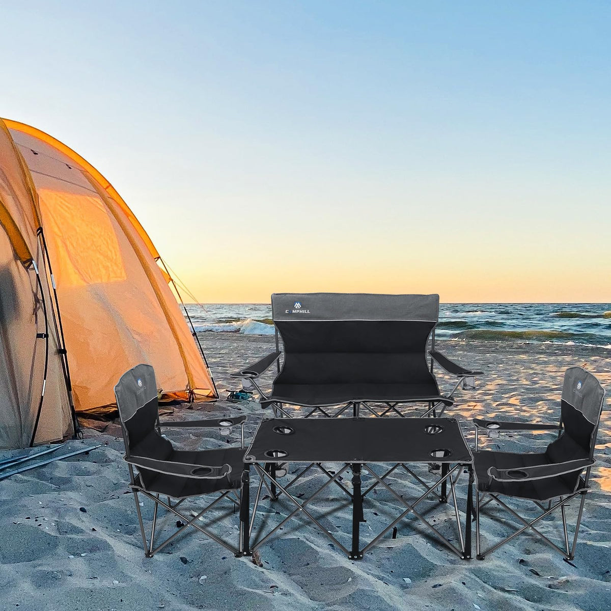 CAMPHILL Camping Chair Set of 3, Outdoor Folding Camping Chairs for Heavy People with Cup Holder & Carry Bag,Collapsible Chair Include One Sofa Chair and Two Single Chair,Support up to 500lbs
