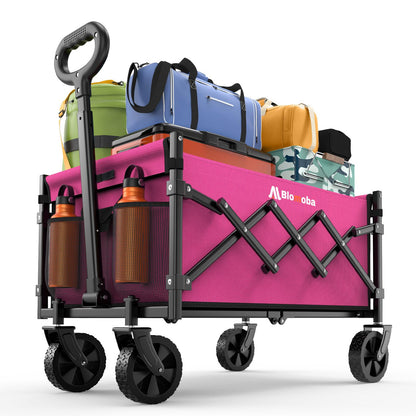 Collapsible Wagon with Wheels, Foldable Wagon Cart with Flexible Handle, Folding Utility Grocery Shopping Cart