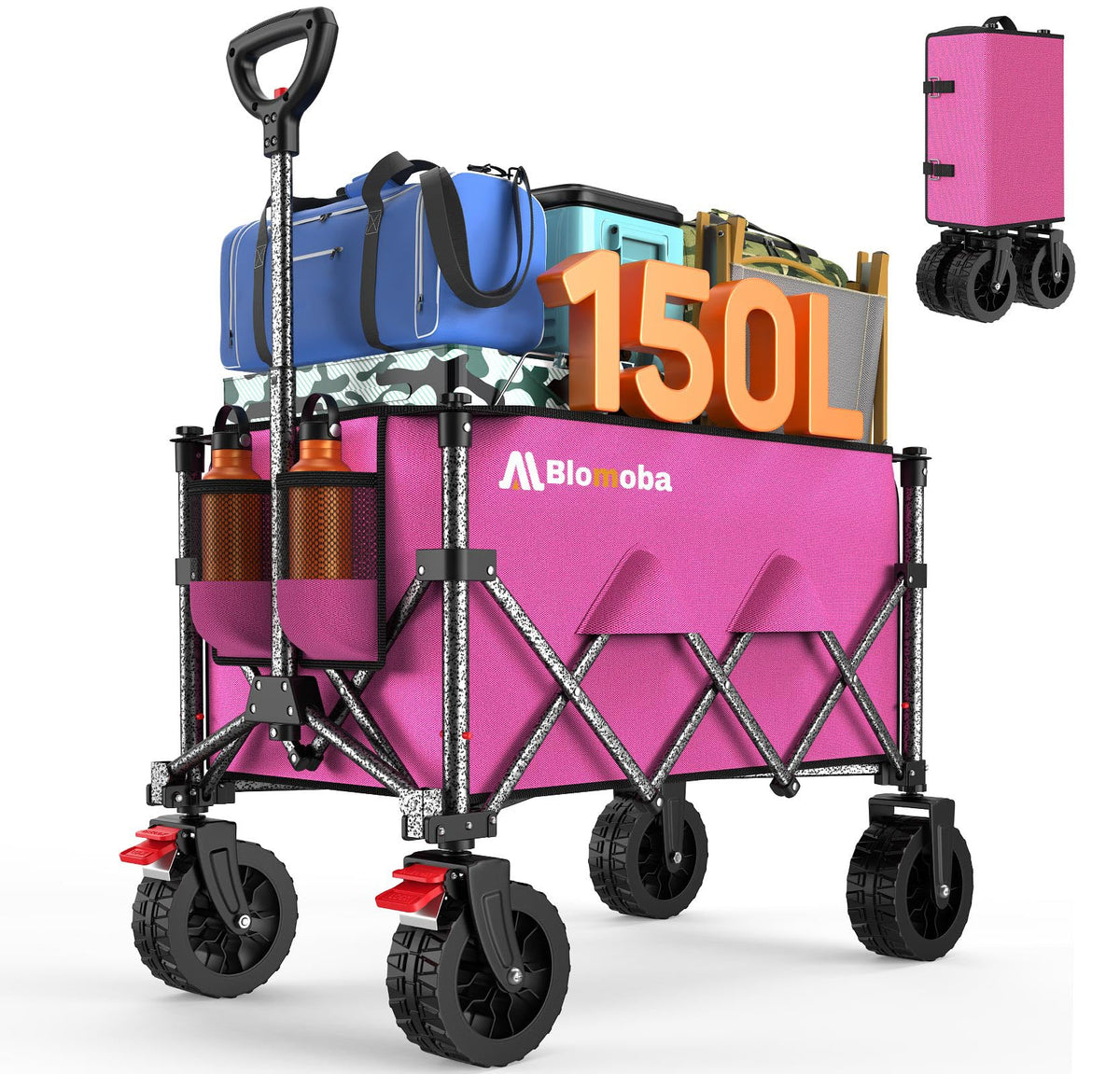 Collapsible Wagon with Wheels, Foldable Wagon Cart with Flexible Handle, Folding Utility Grocery Shopping Cart