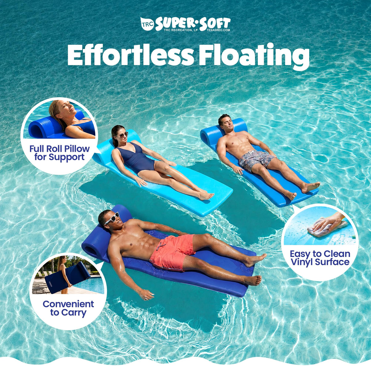 TRC Recreation Sunsation 1.75" Thick Foam Pool Float Lounger w/ Headrest for Lounging & Sunbathing in Swimming Pools, Beaches & Lakes, 70" x 26