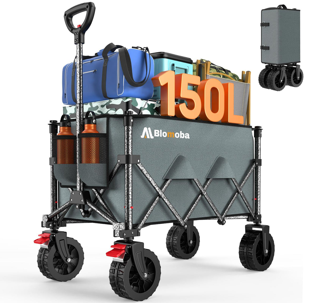 Collapsible Wagon with Wheels, Foldable Wagon Cart with Flexible Handle, Folding Utility Grocery Shopping Cart