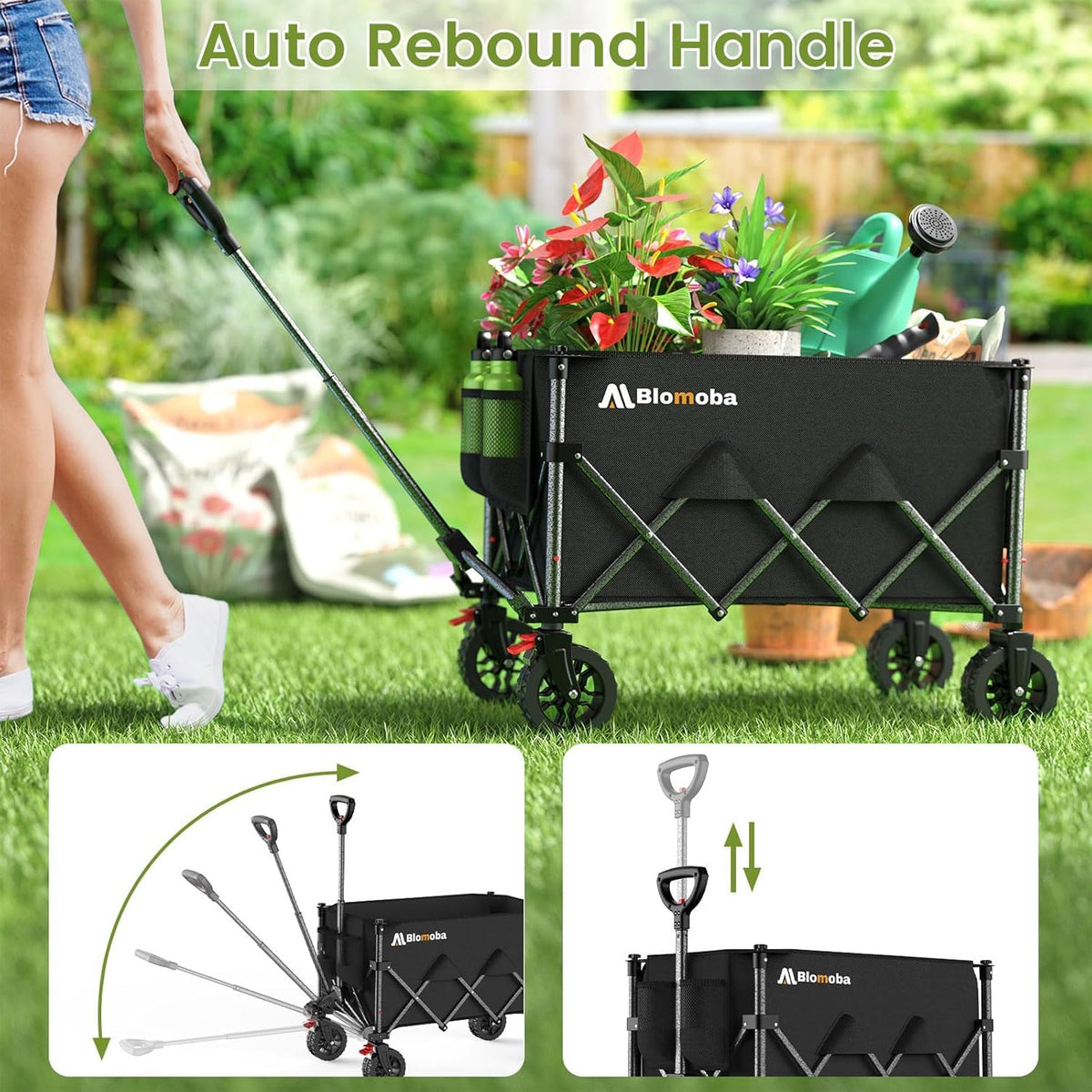 Collapsible Wagon with Wheels, Foldable Wagon Cart with Flexible Handle, Folding Utility Grocery Shopping Cart