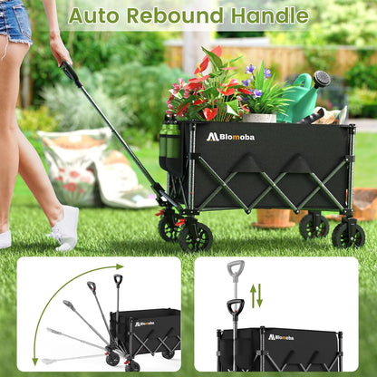 Collapsible Wagon with Wheels, Foldable Wagon Cart with Flexible Handle, Folding Utility Grocery Shopping Cart
