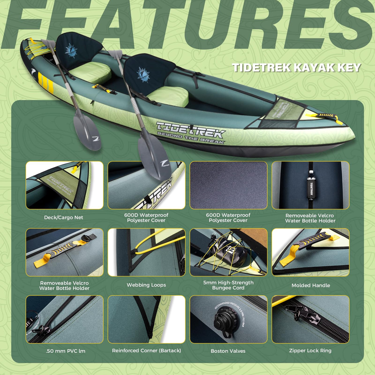 TIDETREK Inflatable Touring Kayak 1-Person & 2-Person with Waterproof Seat & Full Accessory Kit, Lightweight Recreational Kayak for Lake, River & Fishing