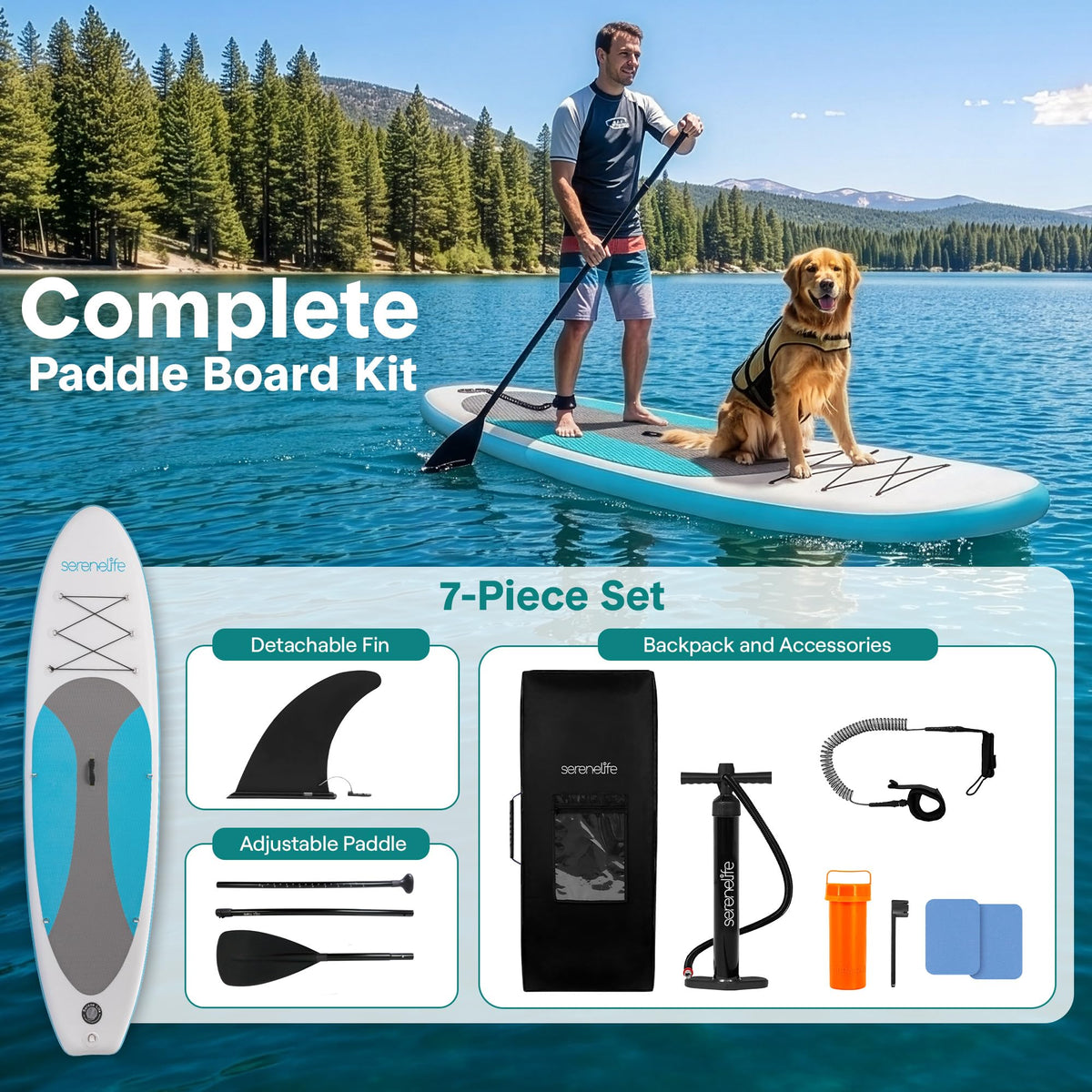SereneLife 10’ Inflatable Stand Up Paddle Board with Premium SUP Accessories - Wide Stable Design with Non-Slip EVA Deck Pad, for Youth and Adults, 350 lbs. Capacity