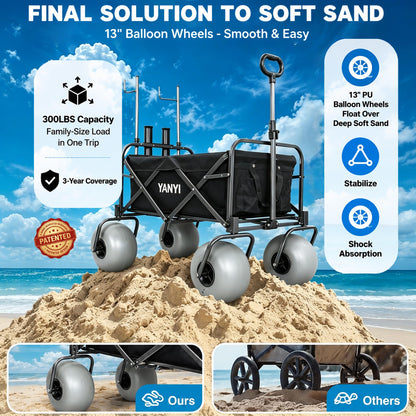 Beach Wagon with 13'' Big Wheels for Sand, Beach Fishing Cart Balloon Tires