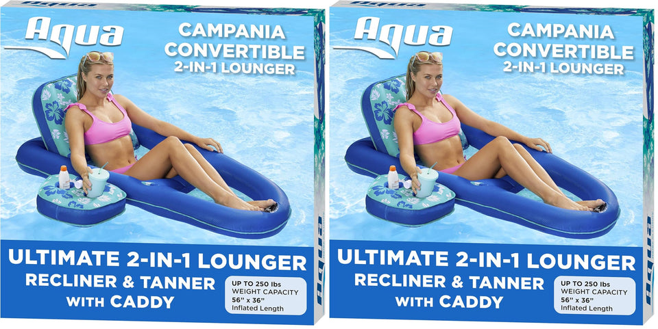 Aqua Campania Ultimate 2-in-1 Pool Float Lounge – Extra Large – Inflatable Pool Floats for Adults with Adjustable Backrest & Cupholder Caddy