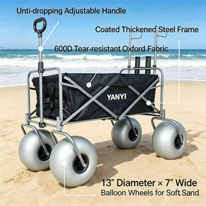 Beach Wagon with 13'' Big Wheels for Sand, Beach Fishing Cart Balloon Tires