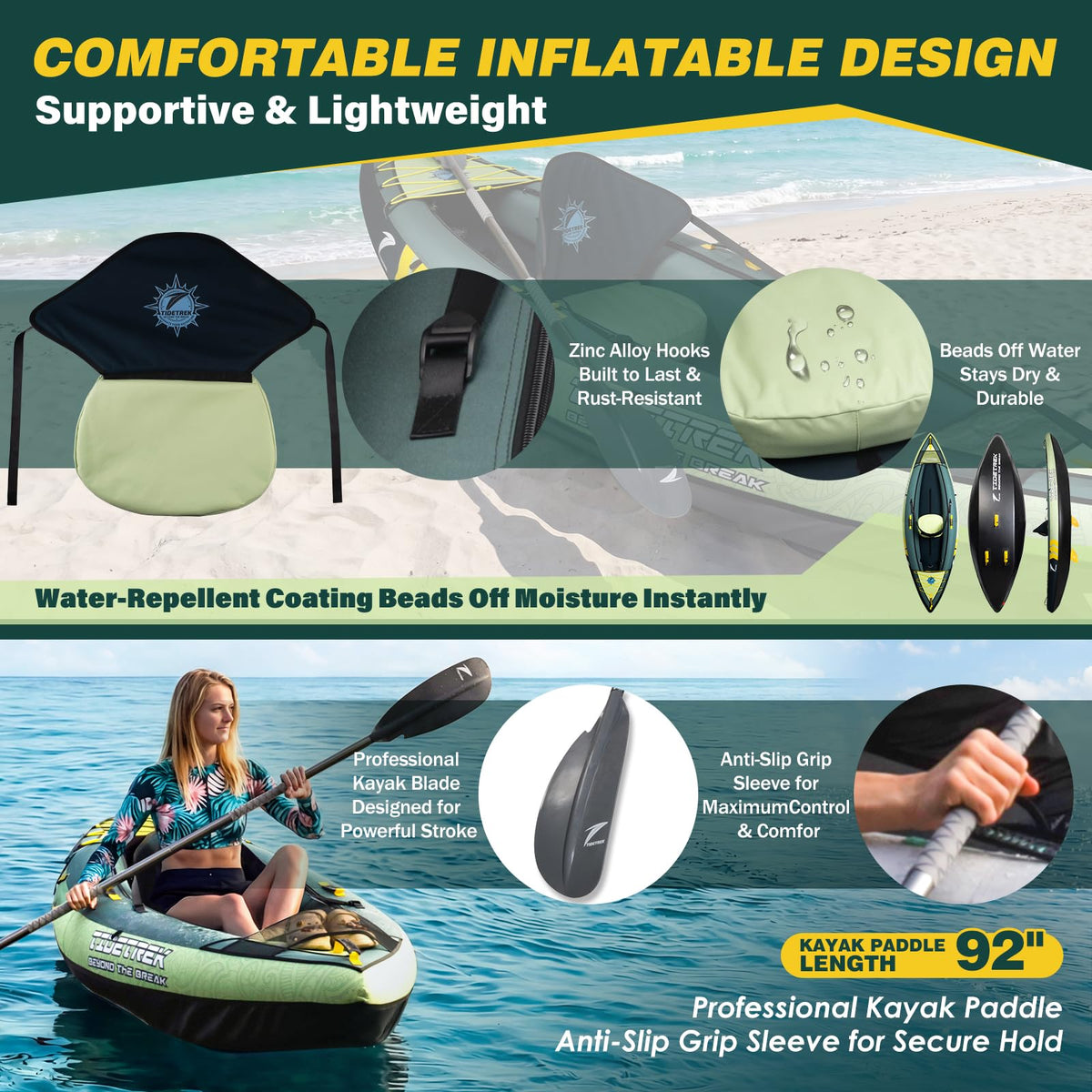TIDETREK Inflatable Touring Kayak 1-Person & 2-Person with Waterproof Seat & Full Accessory Kit, Lightweight Recreational Kayak for Lake, River & Fishing