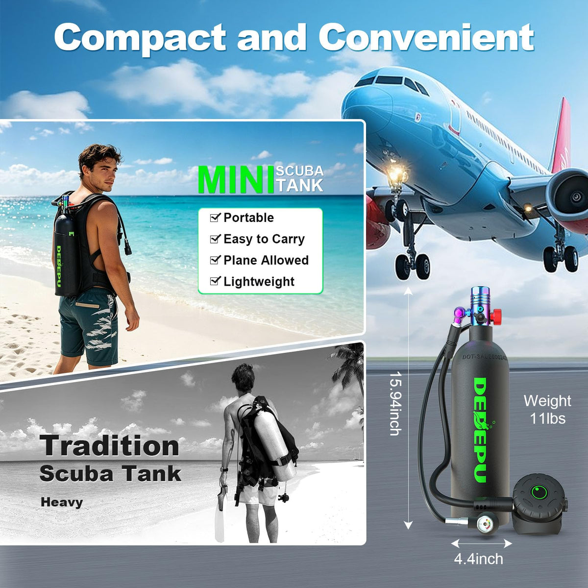 DEDEPU 2.3L Scuba Tank, Mini Diving Tank Small Lung Tank with Adapter, Up to 40 Mins Underwater Breathing Time, Portable Backup Air Cylinder, Emergency Resuce Pony Bottle