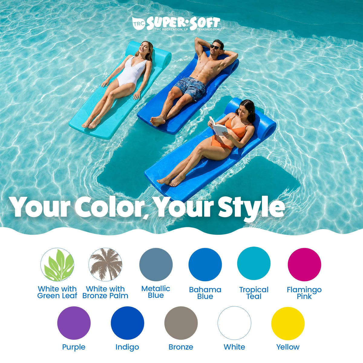 TRC Recreation Sunsation 1.75" Thick Foam Pool Float Lounger w/ Headrest for Lounging & Sunbathing in Swimming Pools, Beaches & Lakes, 70" x 26