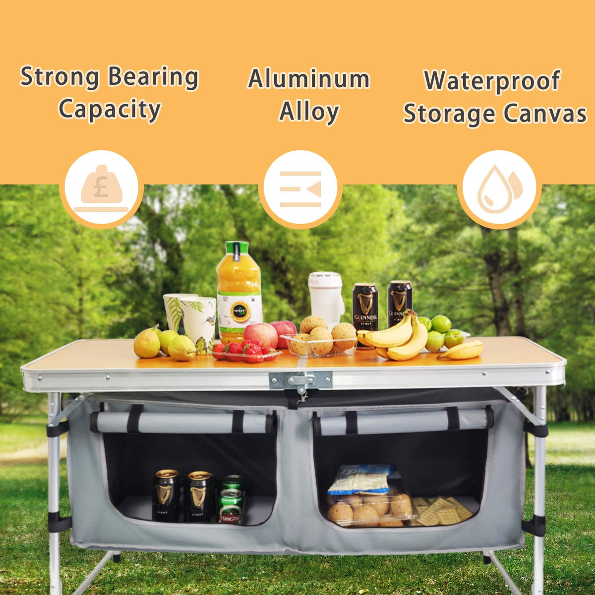 CampLand Outdoor Folding Table Aluminum Lightweight Height Adjustable with Storage Organizer for BBQ, Party, Camping