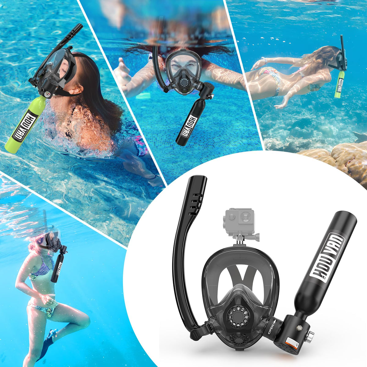 HOUVAN Mini Scuba Tank with Snorkel Mask 0.5L Inflatable Diving Tank with Full Face Diving Mask Pony Bottle Backup Diving Air Tank Suits for Recreational Snorkeling Shallow Diving